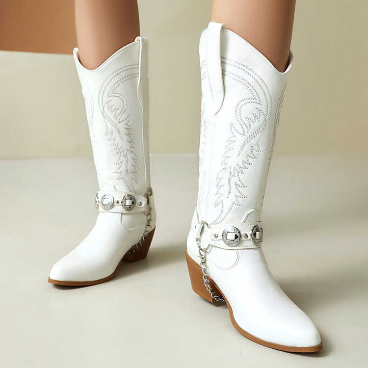 Fashion Boots Metal Chain Embroidered Western Boots Autumn New Style Pointed Toe Thick Ankle Boots Heel High-heeled Midsole WoMens Boots 241008