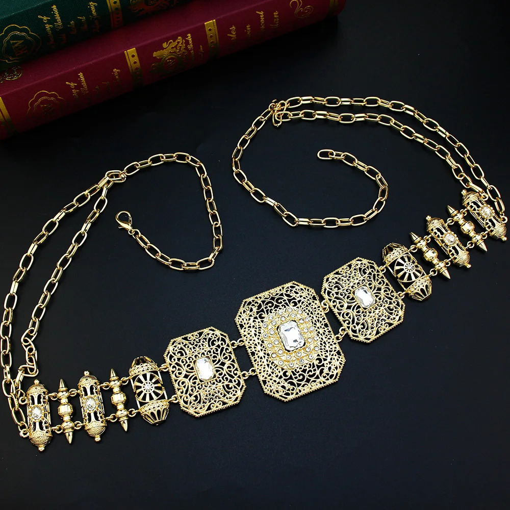 Sunspice Gold Metal Moroccan Waist Chain Womens Caftan Square with Crystal Bridal Wedding Jewelry Arabic Body Chain 241019