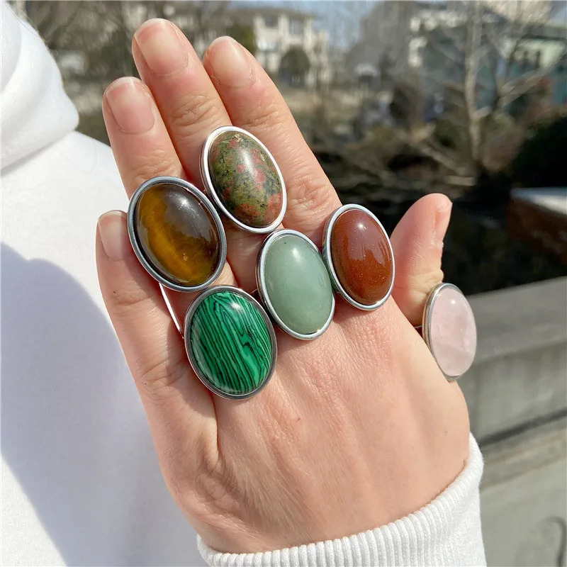 Natural Stone Ring for Women Vintage Silver Color Aventurine Rings Big Cabochon Open Adjustable Men Female Jewelry 241010