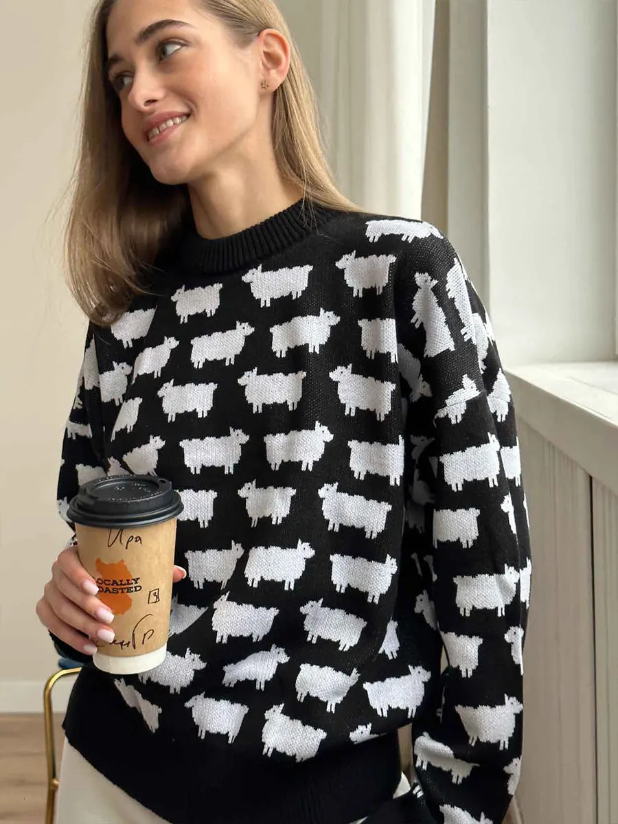 Bornladies Oneck Alpaca Printed Sweater Womens Loose Casual Mid Length Retro Autumn Winter Warm Pullover Top 241009