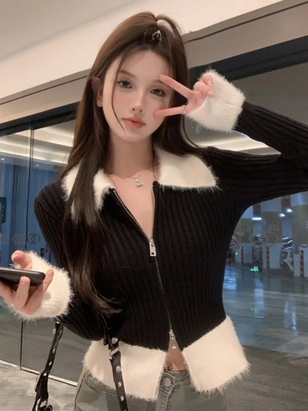 Women Black Cardigan Knitted Sweater Harajuku Korean Y2k 90s Aesthetic Vintage Long Sleeve Sweaters with Collar 2000s Clothes 241010