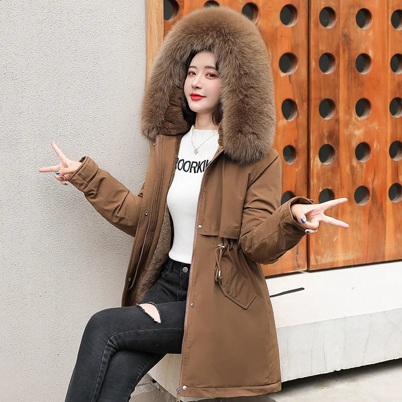 Women Parka Fashion Winter Jacket Slim with Fur Collar Warm Snow Wear Padded Clothes Long Coat Wool Liner Hooded Parkas 241010