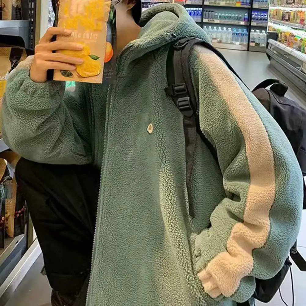 Loose mens jacket hooded mens jacket winter warm mens hooded jacket with artificial Sherpa deep hem suitable for students 241007