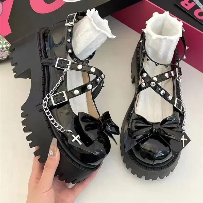 Ankle wrap womens high heels platform pump bow tie rivet chain square shoelace buckle womens shoes 241019
