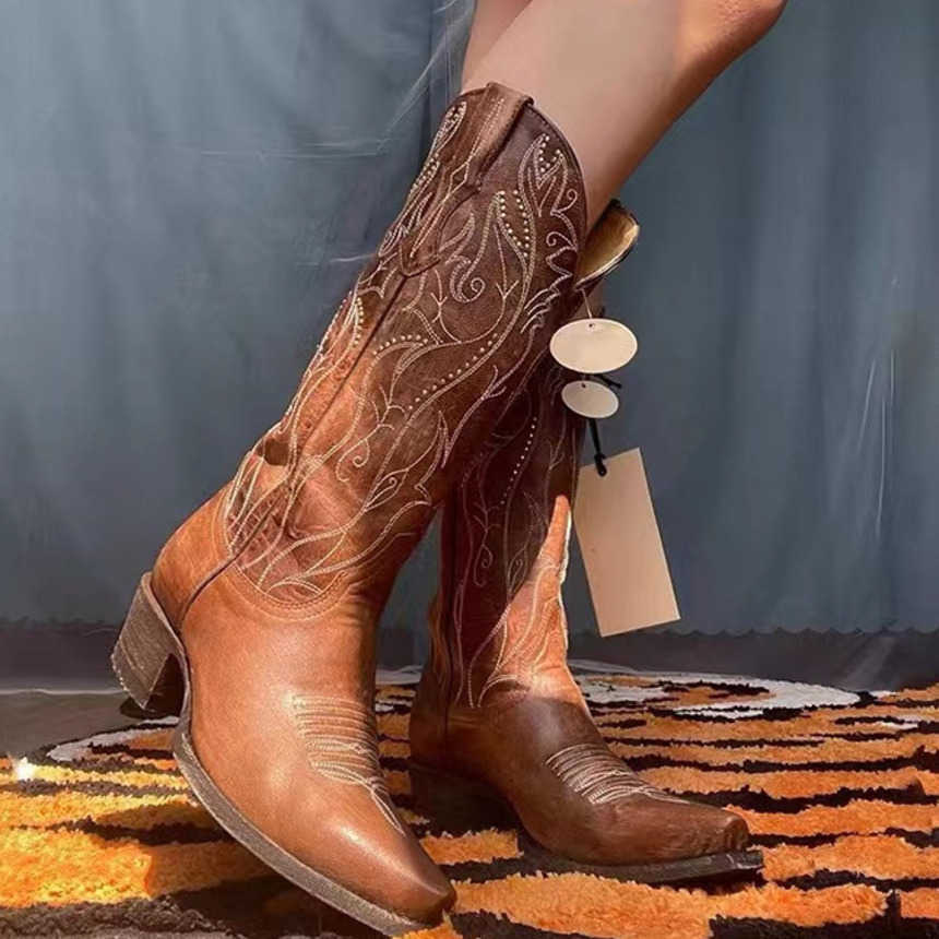 Fashion Boots Thick Heel Versatile Western Cowboy Boots V-mouth Embroidery Sleeve Boots Middle Tube Square Head Martin Boots 241008
