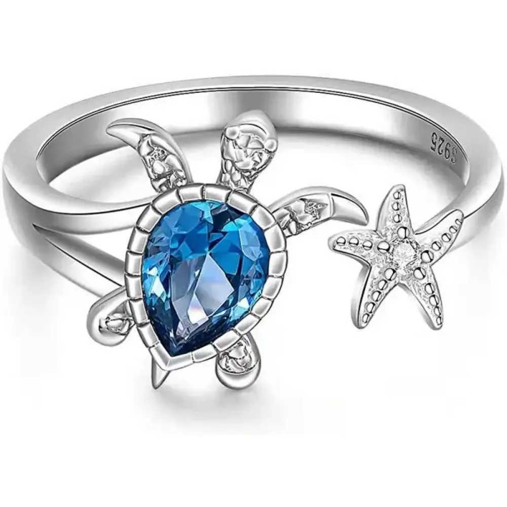 New turtle starfish ring womens blue yellow jade cute marine animal cubic zirconia jewelry girls birthday party gifts wholesale Y241019