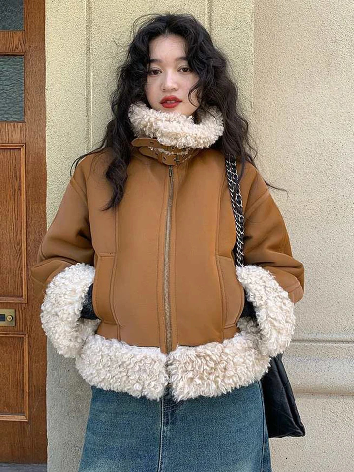 Winter sheepskin coat synthetic fur suede leather womens warm sheepskin coat zipper motorcycle long sleeved short sleeved casual coat 241007