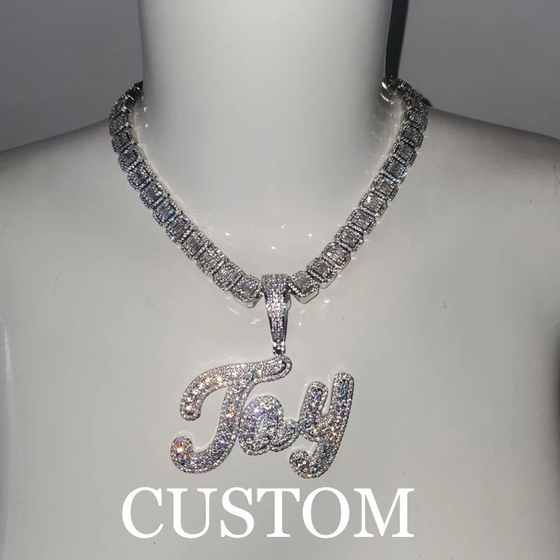Grandbling Brush Cursive Letter Customized Name Necklace With Baguettes Chain With CZ Personalized Hip HOP Jewelry 241019