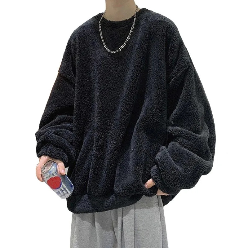 Flannel Plush Youth Men Sweatshirt Autumn Winter Clothes O Neck Japanese Style Fashion Thicken Daily Warm Pullover Coat 241010