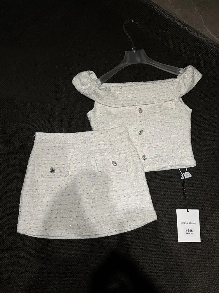 High quality French fashion coarse woolen two-piece set womens topmini skirt set womens Y2K Korean elegant sweet 2-piece set 241019