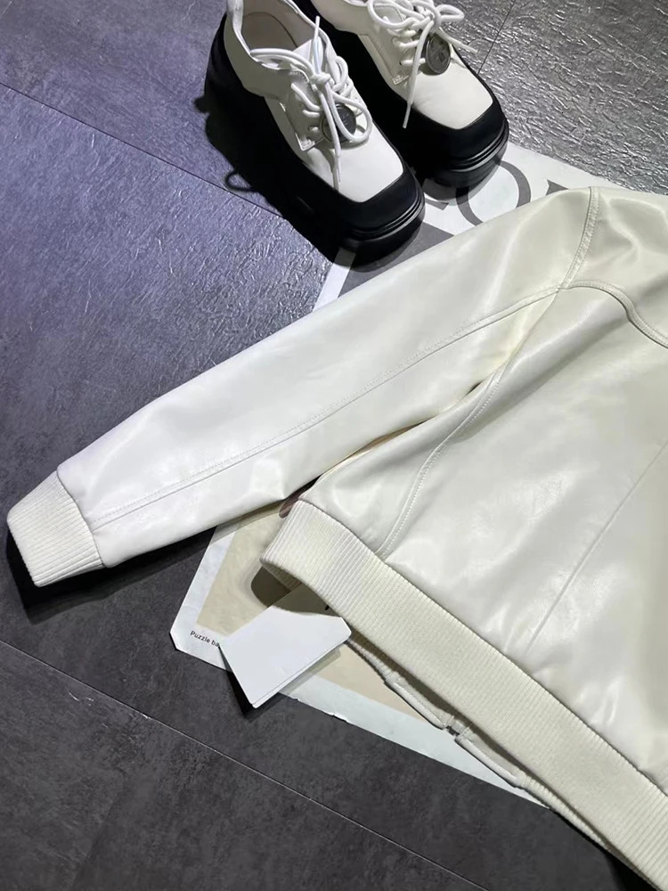 Compound Lambskin Modal Lined Collar Zipper Leather Short Coat Autumn Womens Full Match Bicycle Jacket 241019
