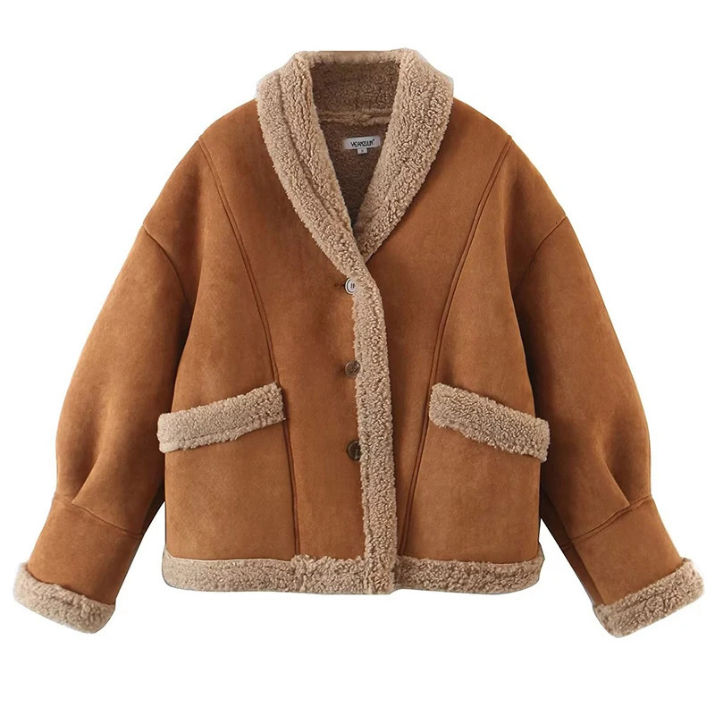 Womens Winter Artificial Wool Sheepskin Leather Jacket Womens Thick Warm Suede Sheepskin Motorcycle Brown Coat Loose Jacket 241007