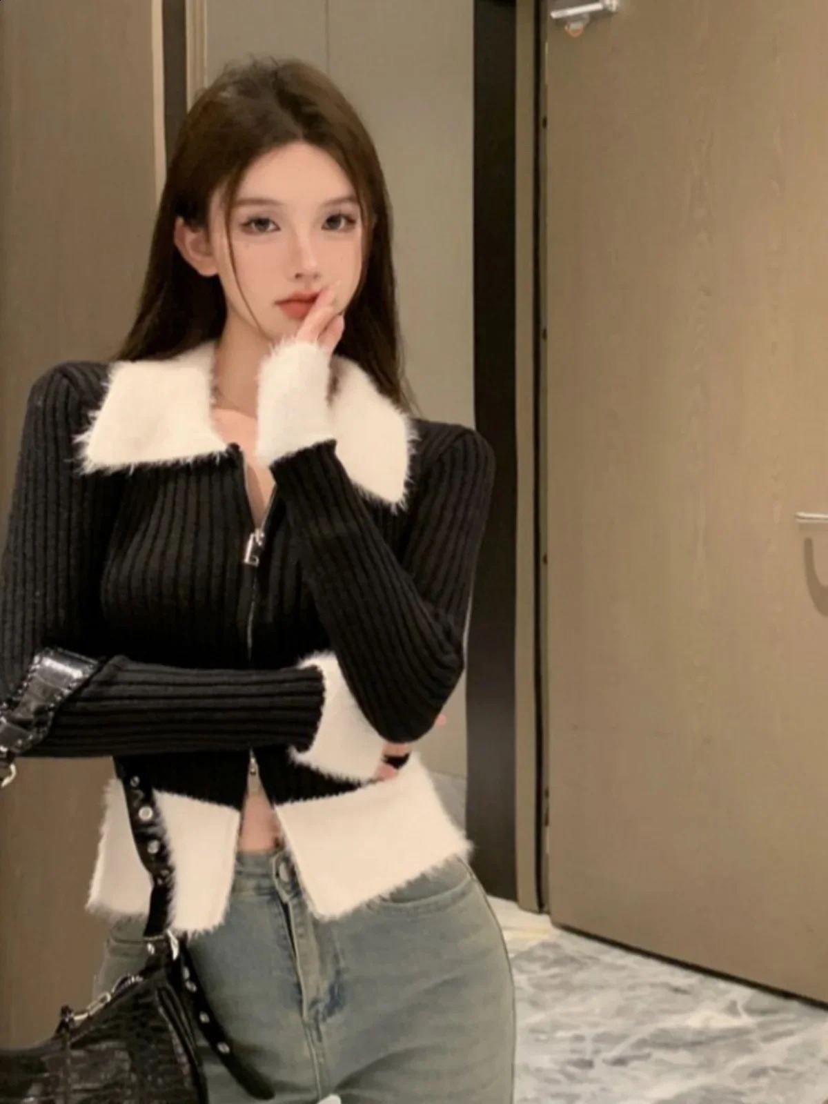 Women Black Cardigan Knitted Sweater Harajuku Korean Y2k 90s Aesthetic Vintage Long Sleeve Sweaters with Collar 2000s Clothes 241010