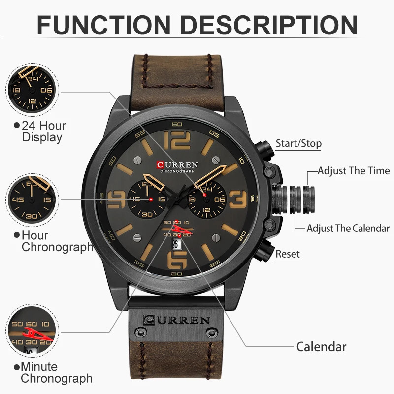 Curren Mens Watch Top Waterproof Sports Watch Timing Quartz Military Leather Relogio Masculino 241019