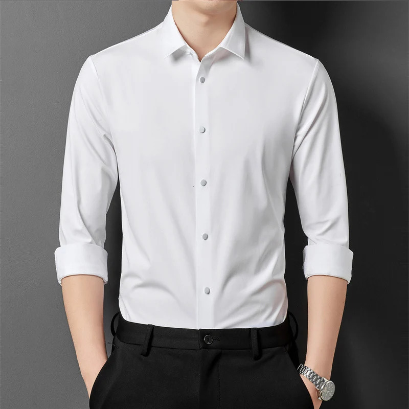Mens high-quality solid high elasticity seamless comfortable long sleeved slim fit casual business formal dress 241007
