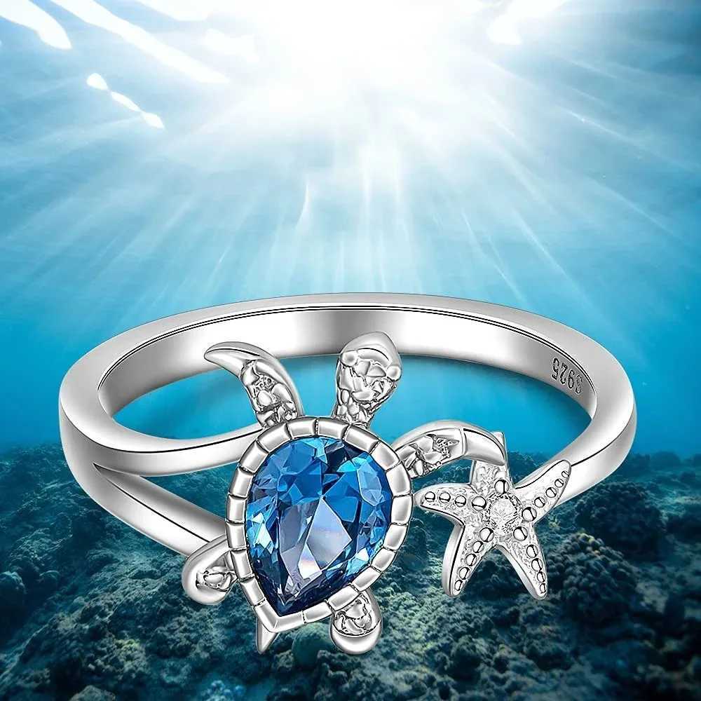 New turtle starfish ring womens blue yellow jade cute marine animal cubic zirconia jewelry girls birthday party gifts wholesale Y241019