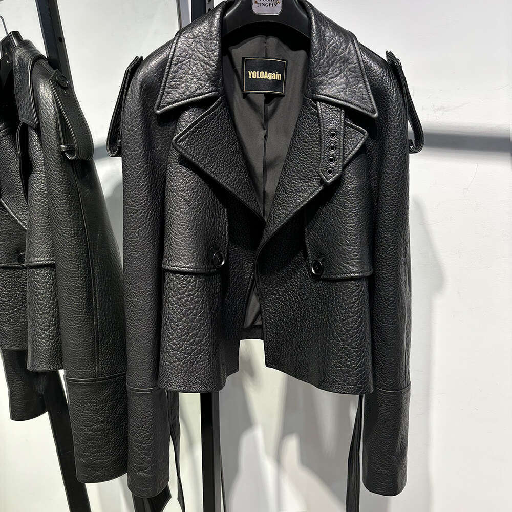 Yoloagain Women's Real Leather Jacket With Belt Oversized Sheepskin Coat 2024 Autumn Outerwear