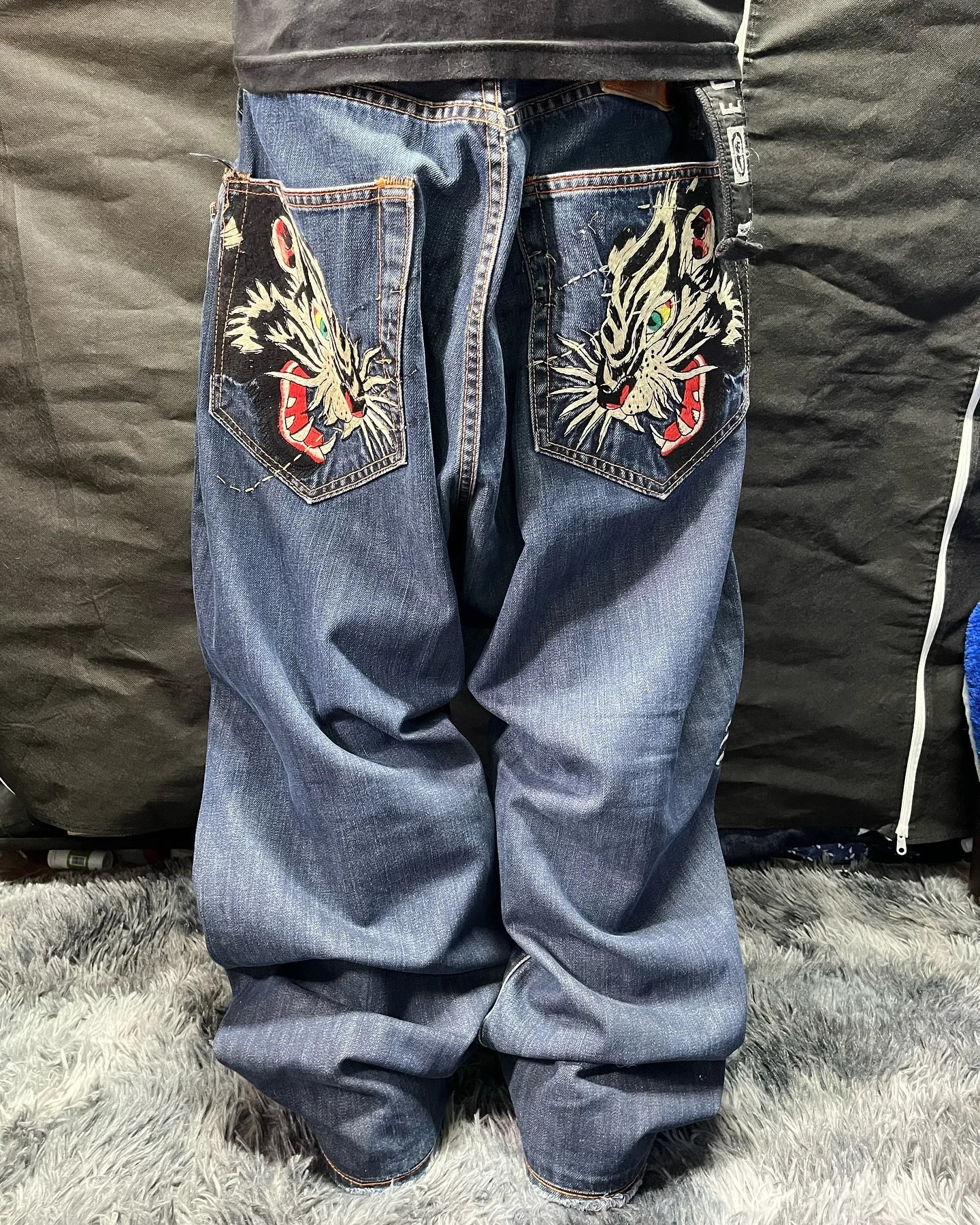 Y2K Harajuku Hip Hop Rock Graphic Print Retro Blue Pocket Jeans Womens Low Waist Wide Leg Trousers 241019