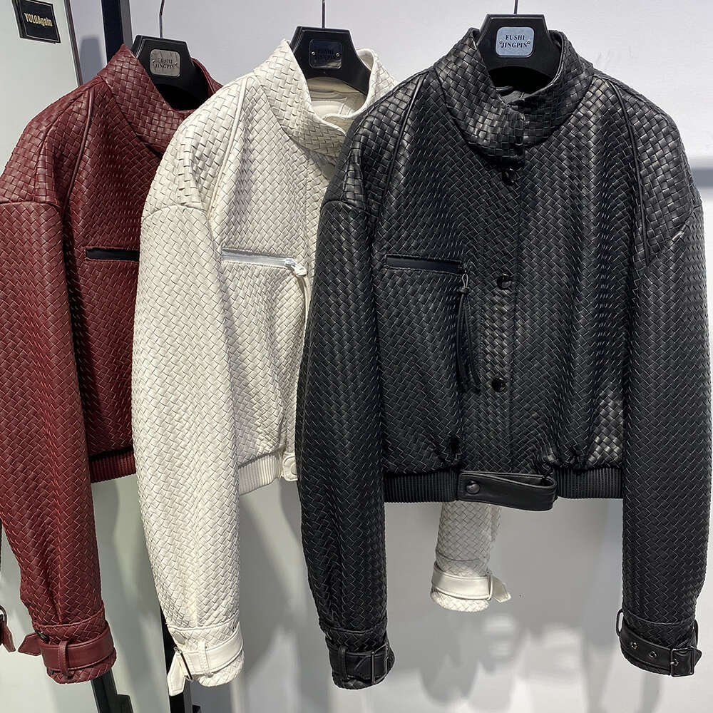 Yoloagain Hand-Woven Oversized Bomber Women Real Leather Jacket Female 250526