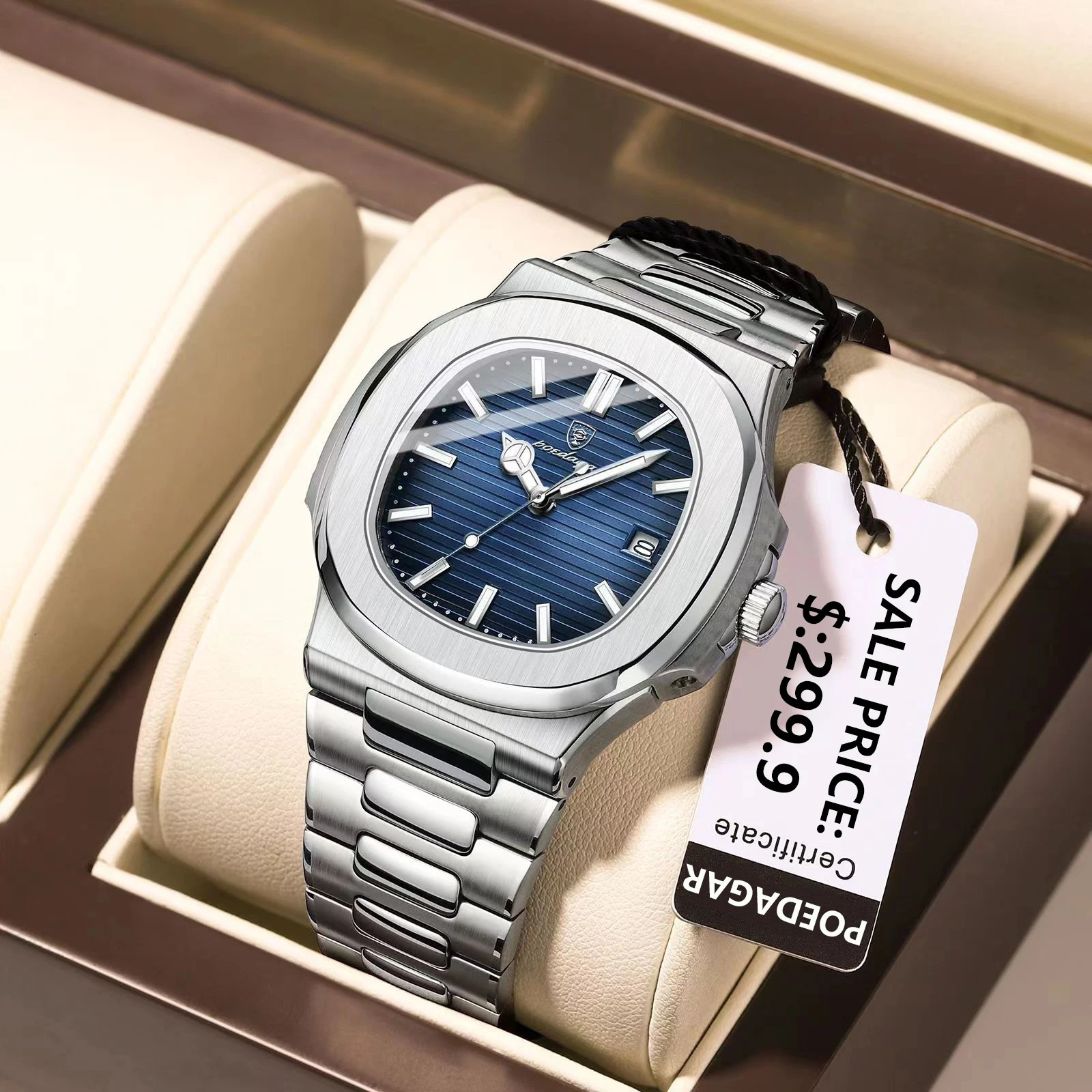 POEDAGAR watch business waterproof mens watch luminous date stainless steel square quartz mens watch reloj hombre 241019