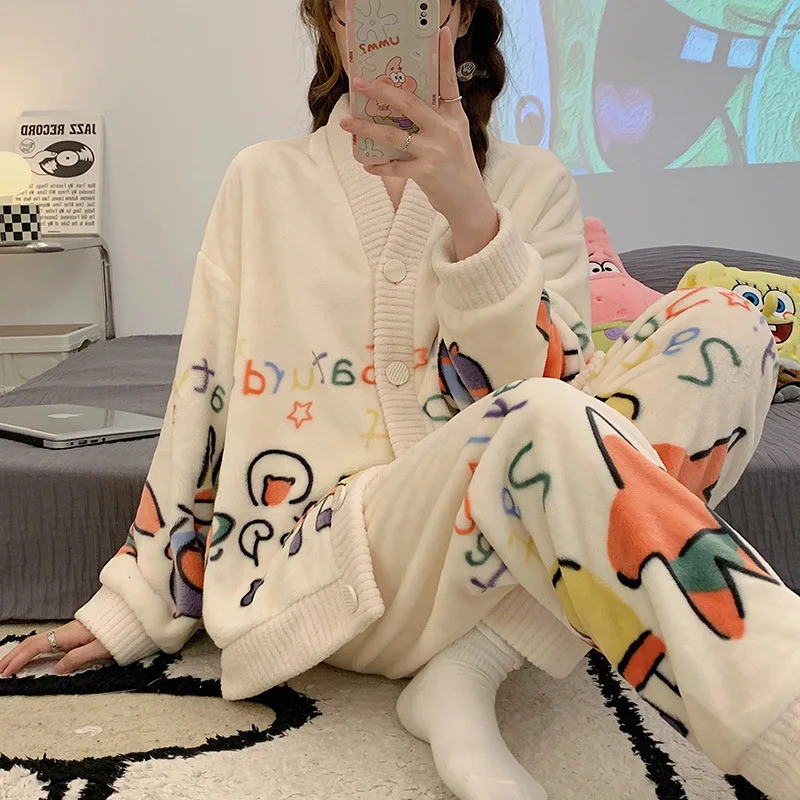 2025 Cartoon Flannel Pama Suit Women s Winter Thickened Princess Style Long Sleeve Cardigan fashion Outerwear Warm Sweet Homewear V neck