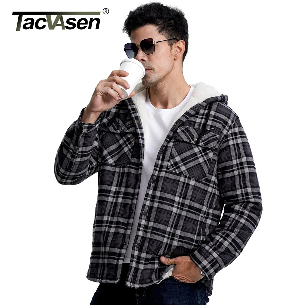 TACVASEN thick warm flannel hooded jacket mens Sherpa wool lining winter coat button casual plain jacket with 5 pockets 241007