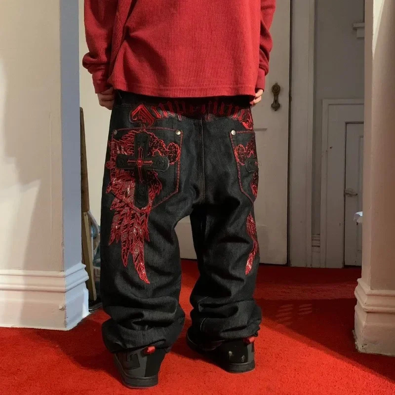 2000s American retro street fashion casual pants cross Gothic embroidery dark red pattern y2k high waisted jeans mens wear 241019
