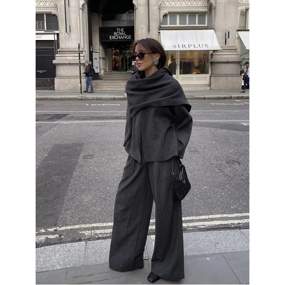Women Fashion Scarf Decorated Woolen Jacket Casual Solid Long Sleeve Loose Warm Overcoat Autumn Winter Lady Chic Coat 241010