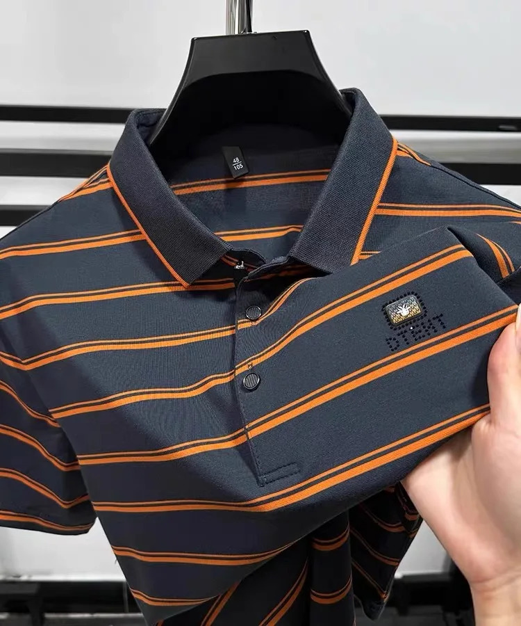 High end striped short sleeve mens POLO shirt summer fashion top highend color sense badge breathable Tshirt 241010