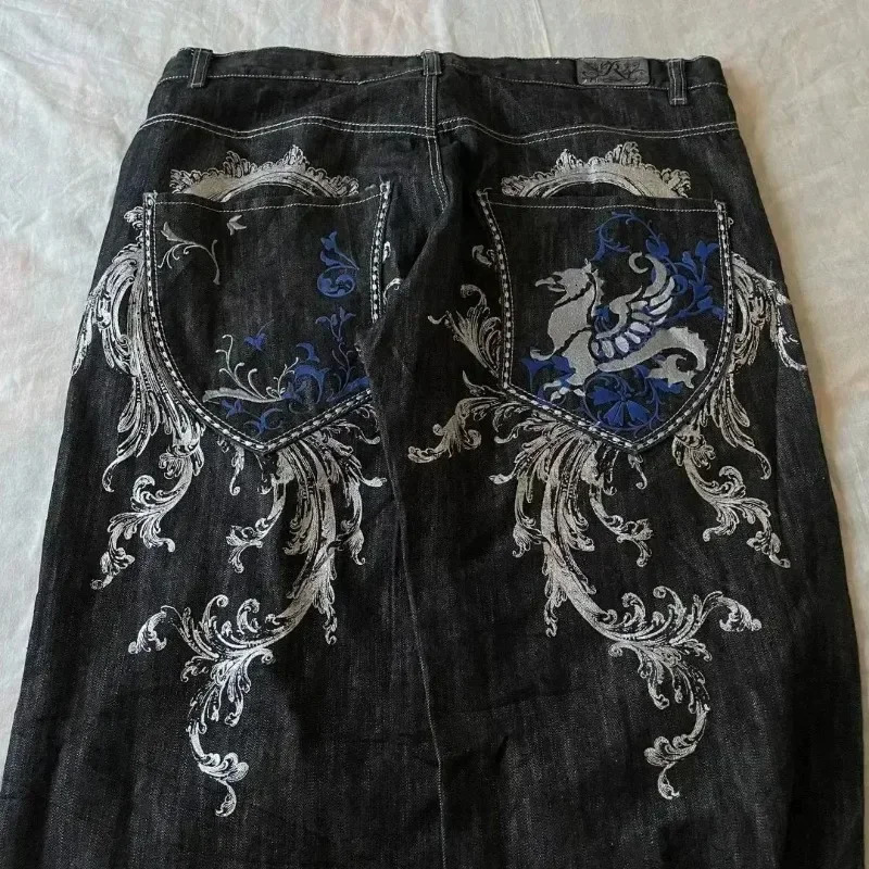 American Retro Jeans Y2K Large Pattern Denim Loose Jeans Gothic High Waist Wide Pants Street Clothing Denim 241019