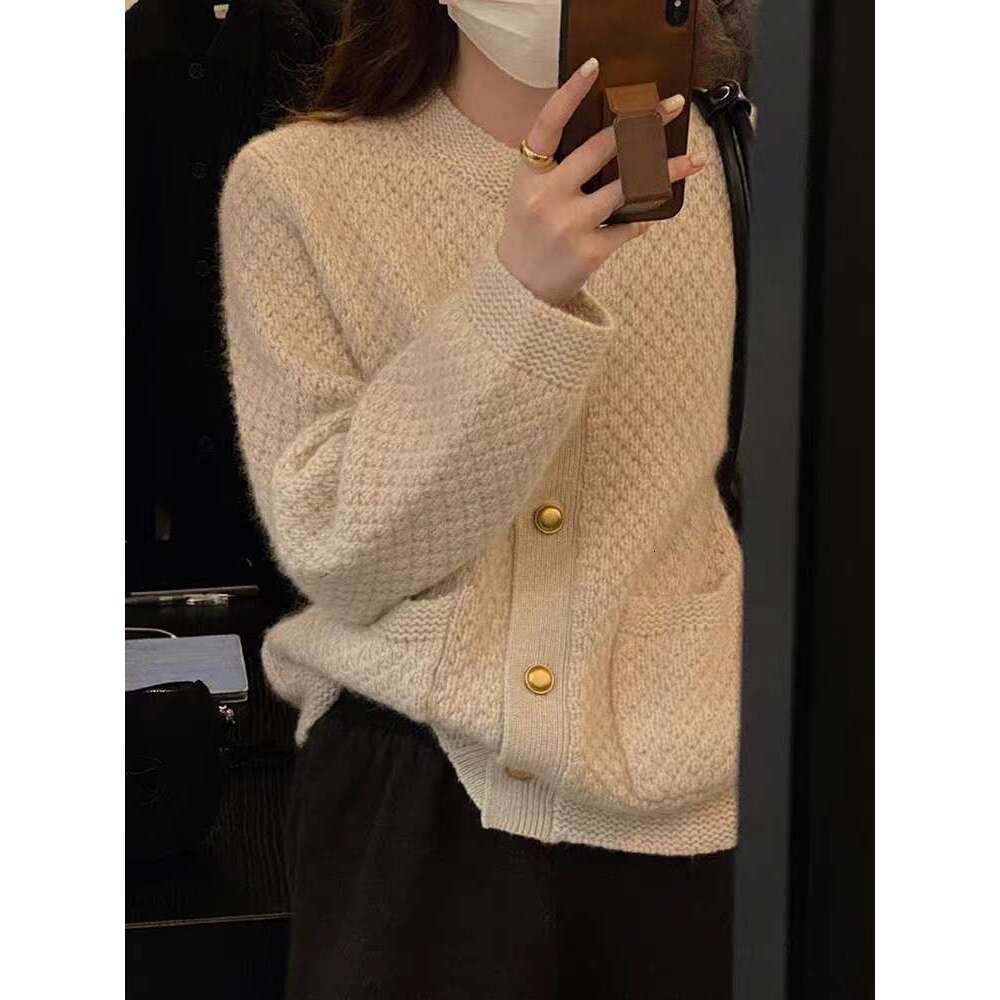 Vintage French 100% Wool Knit Cardigan Ladies Loose Long Sleeve Short Cashmere Top Coat