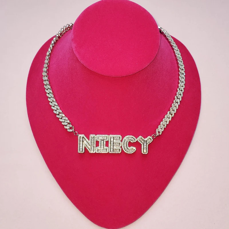 Custom Name Necklace Small Baguette Letter Customized Pendant With 9mm Cuban Chain Name Full Iced Out Zircon Pendant Gift 241019