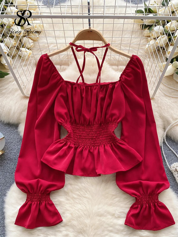 SINGREINY Women Halter Vintage Slim Blouse Autumn Squre Neck Long Sleeves Elastic Waist Chic Top Korean sweet OL Shirt 241019