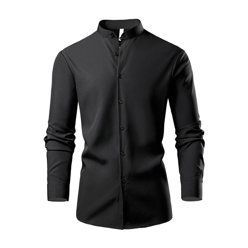 Cotton stand up collar elastic long sleeved mens shirt mens fashionable casual Camisas black white military green European size S-XL 241007