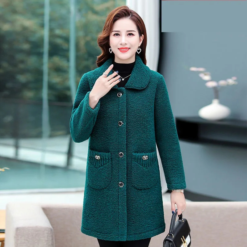Middle aged mother artificial cashmere coat autumn and winter loose long sleeved coat solid womens jacket Parkas casual top 241019