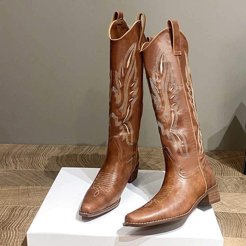 Fashion Boots Leather Embroidered Western Cowboy Boots Coarse Heel Ankle Boots Square Head Knight Boots Chelsea Boots Mid Length Boots 241008