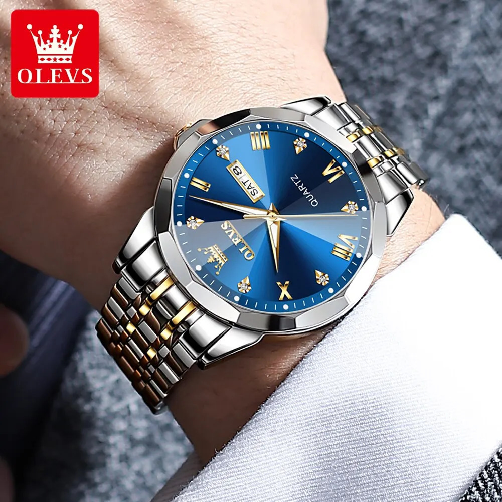 OLEVS Mens Watch Diamond Mirror Original Mens Quartz Watch Waterproof Luminous Stainless Steel Watch Mens Date Week 241019