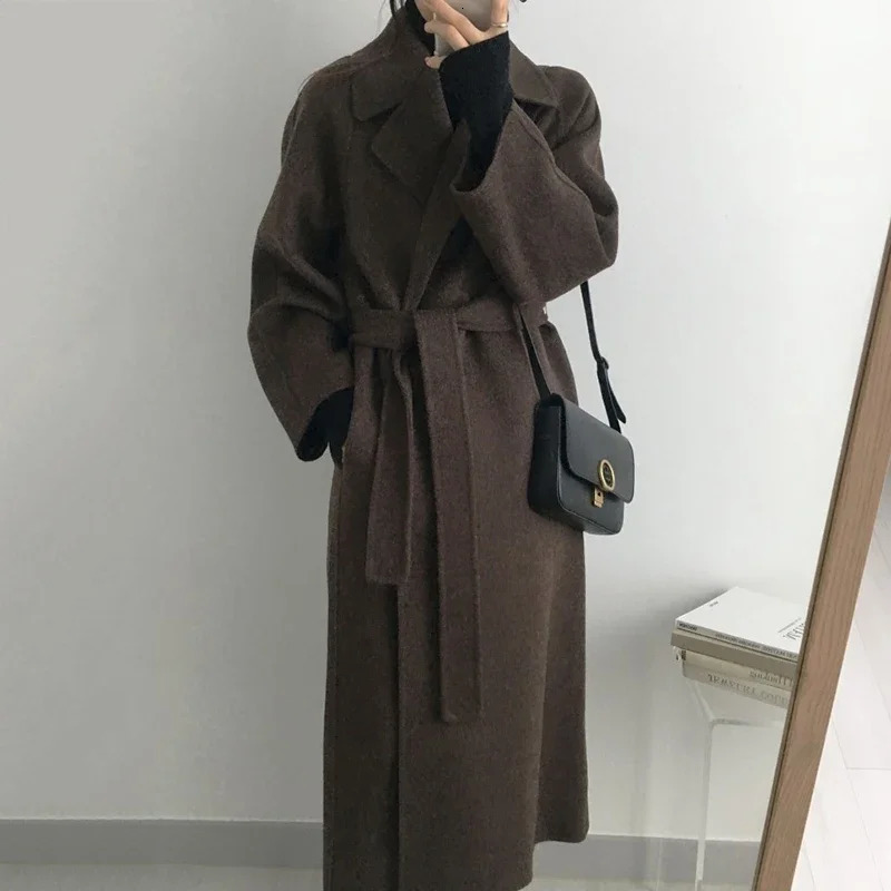Jacket Women Long Wool Overcoat Suit Collar Loose Tie Waist Collection Mid Length Woolen Lapel Topcoat Solid Waistband 241010
