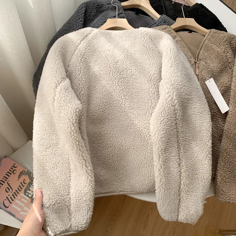 Mens Jacket Autumn/Winter Soft Sherpa V-neck Zipper Warm Polar Wool Short Sleeve Womens Long Sleeve Solid Color Top 241007