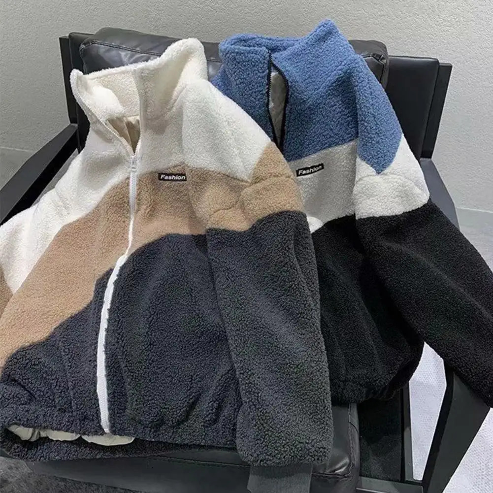Mens jacket autumn winter stand up collar long sleeves patchwork colorful cardigan wool sweater loose fit imitating Sherpa jacket 241007