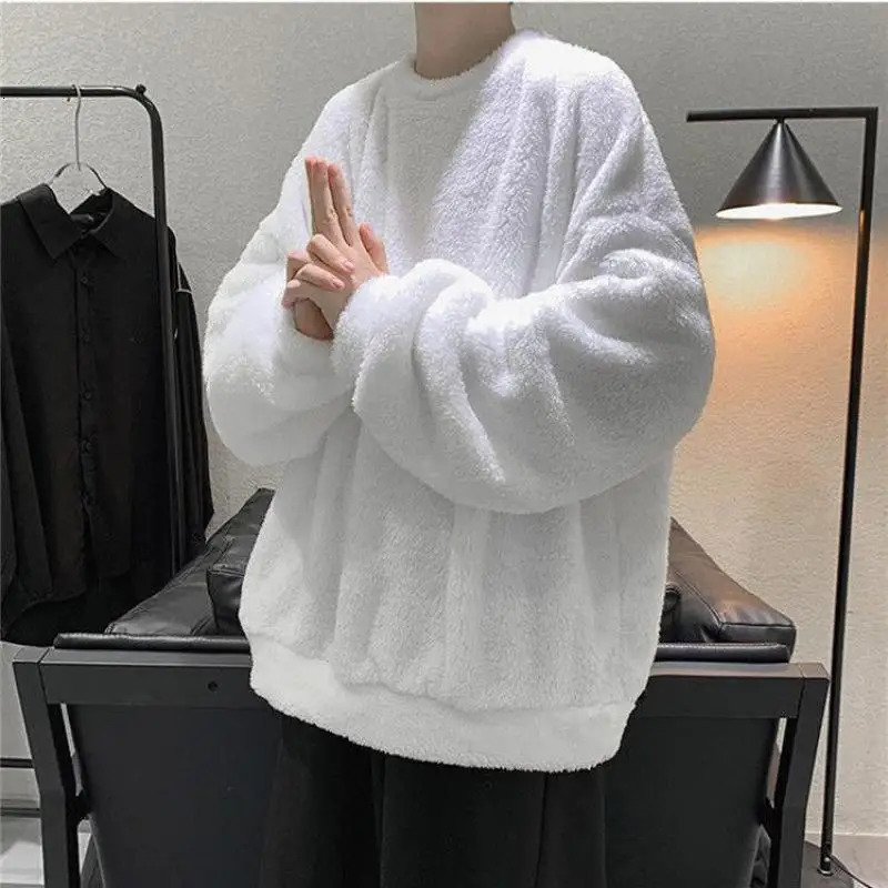 Flannel Plush Youth Men Sweatshirt Autumn Winter Clothes O Neck Japanese Style Fashion Thicken Daily Warm Pullover Coat 241010