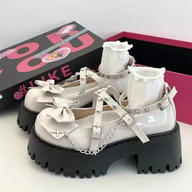 Ankle wrap womens high heels platform pump bow tie rivet chain square shoelace buckle womens shoes 241019