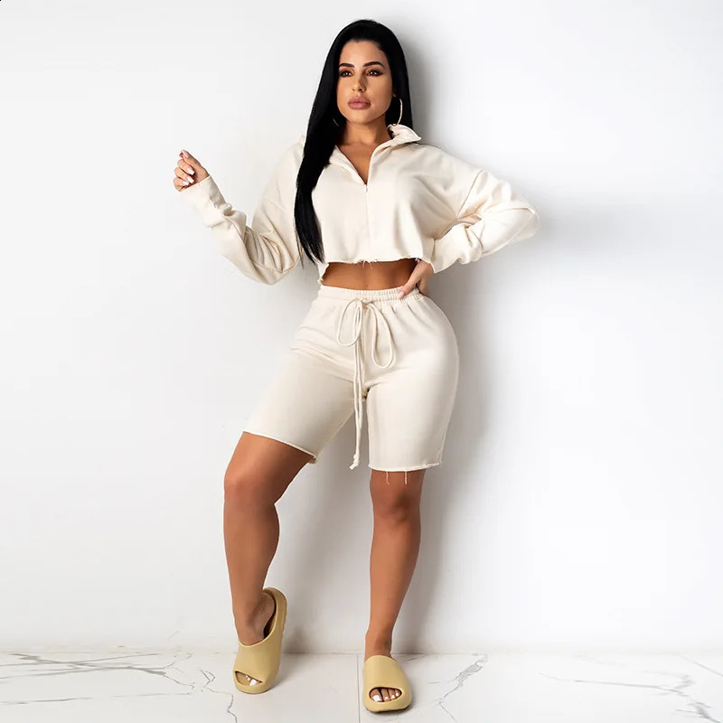 2 Pcs Women Solid Color Outfits Adults Casual Style Long Sleeve Stand Collar Crop Top Shorts with Drawstring Trouser Clothes 241010