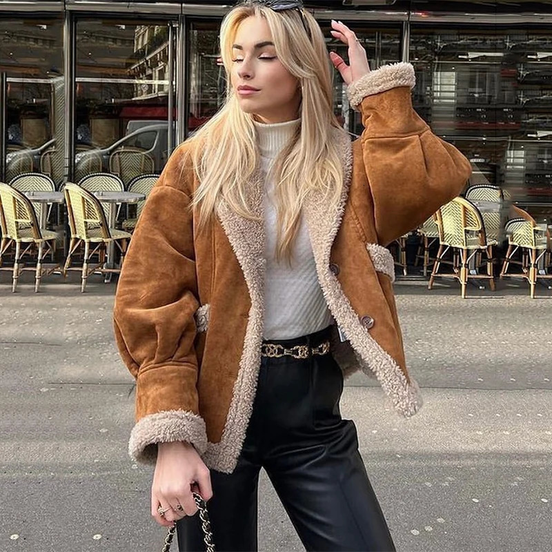 Womens Winter Artificial Wool Sheepskin Leather Jacket Womens Thick Warm Suede Sheepskin Motorcycle Brown Coat Loose Jacket 241007