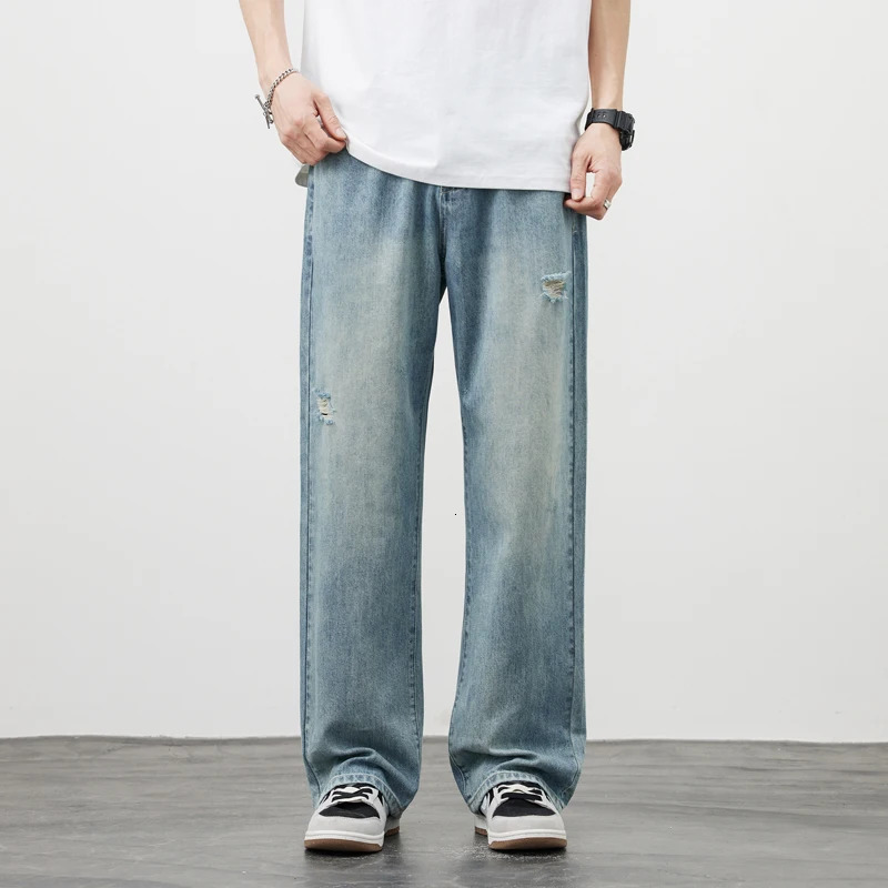 Mens Baggy Jeans Straight Ripped High Street Vintage Y2k Pants Fashion Frayed Distressed Denim Trousers Male Clothes 241009