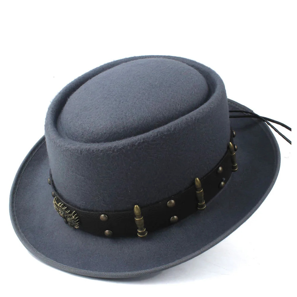 Pork Pie Hat for Men with Punk Belt Fashion Wool Fedora Trilby Fasciator Hat Pop Church Hat Size 58CM 241019