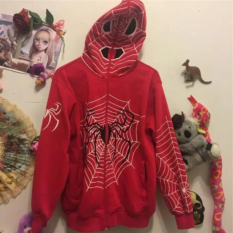 Punk Men Sweatshirt Fashion Spider Web Pattern Hooded Casual Top Zipper Sport Everyday Hoodie