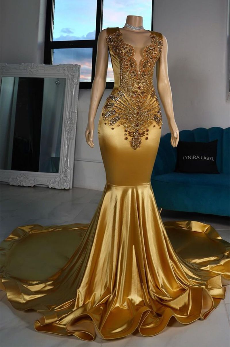 Urious Gold Crystals Beaded Mermaid Prom Dresses Jewel Neck Sleeveless Long Celebrity Party Gown African Evening Formal Dress 2025