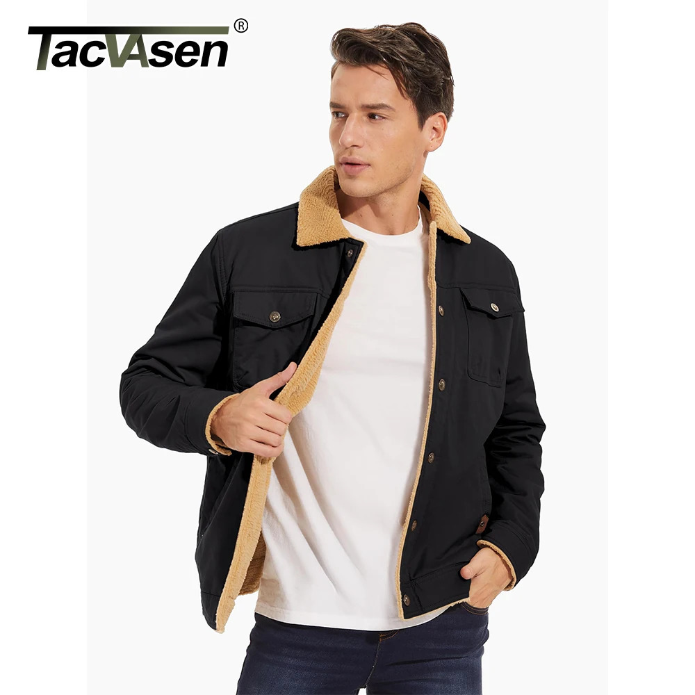 Tacasen Mens Winter Sherpa Wool Lined Jacket Flip Collar Work Cargo Truck Driver Jacket Multi Pocket Soft Warm Jacket 241007