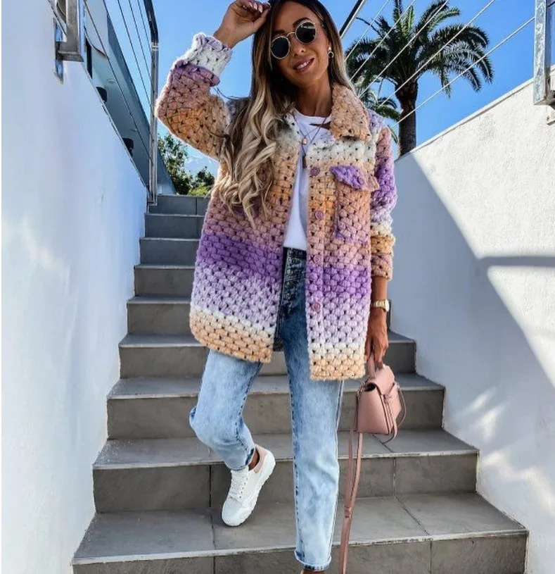 Womens casual wool and blended jacket casual warm top womens long sleeved single corset womens printed tweed coat 241019